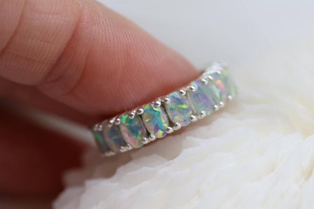 Cremation Ashes Opal Eternity Ring, Fire Opal Cremains Ring, Pet Ashes Ring