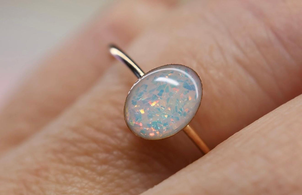 Opal Cremation Ring, White Opal Oval Ashes Ring