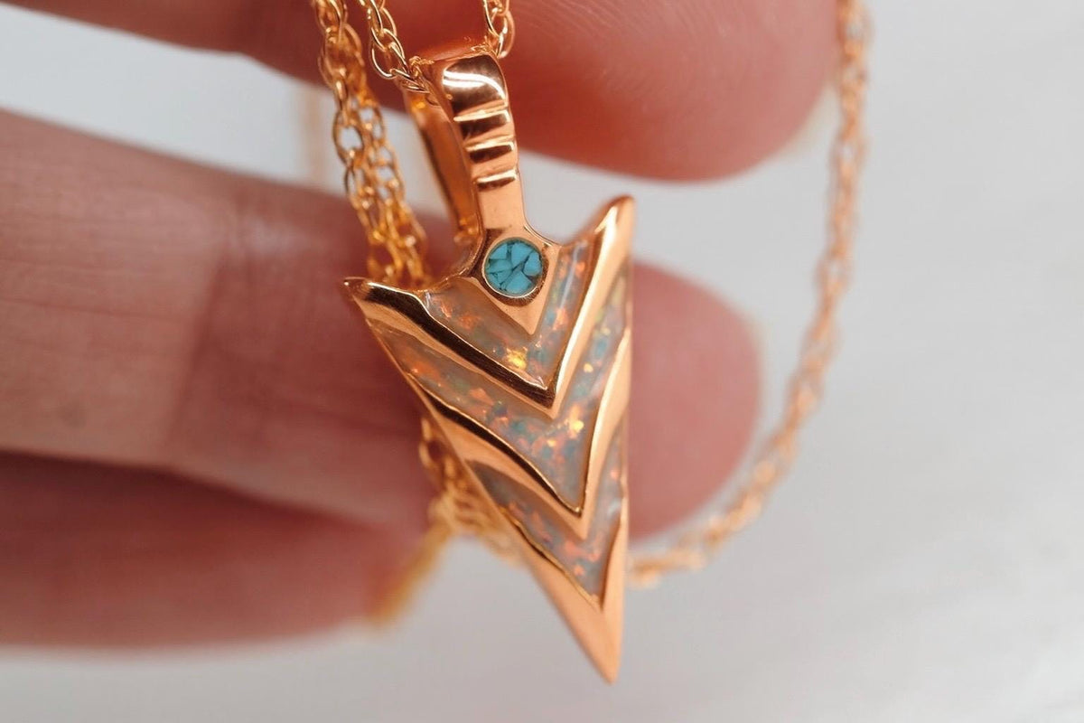 Cremation Ashes Arrowhead Necklace – Ashes Memorial Jewelry with Turquoise & Opal
