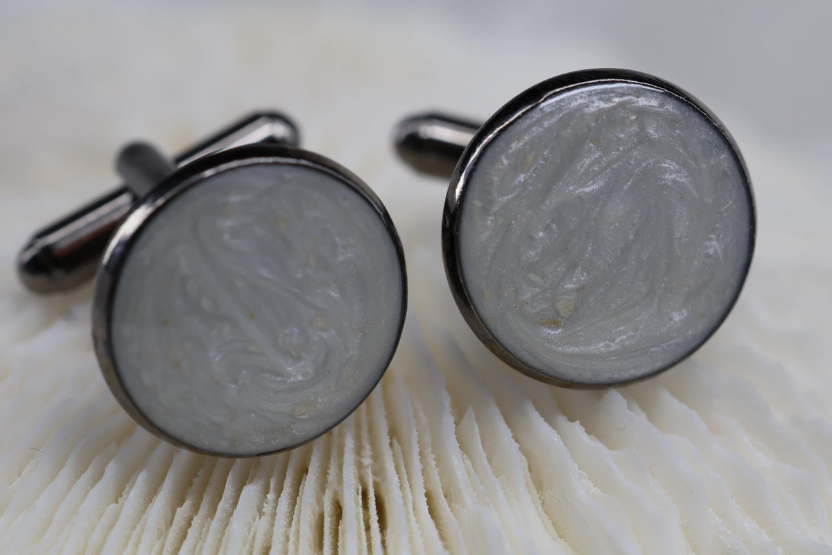 Cremation Cufflinks, Pearl White Round Memorial Jewelry with Pearl Effect Ashes