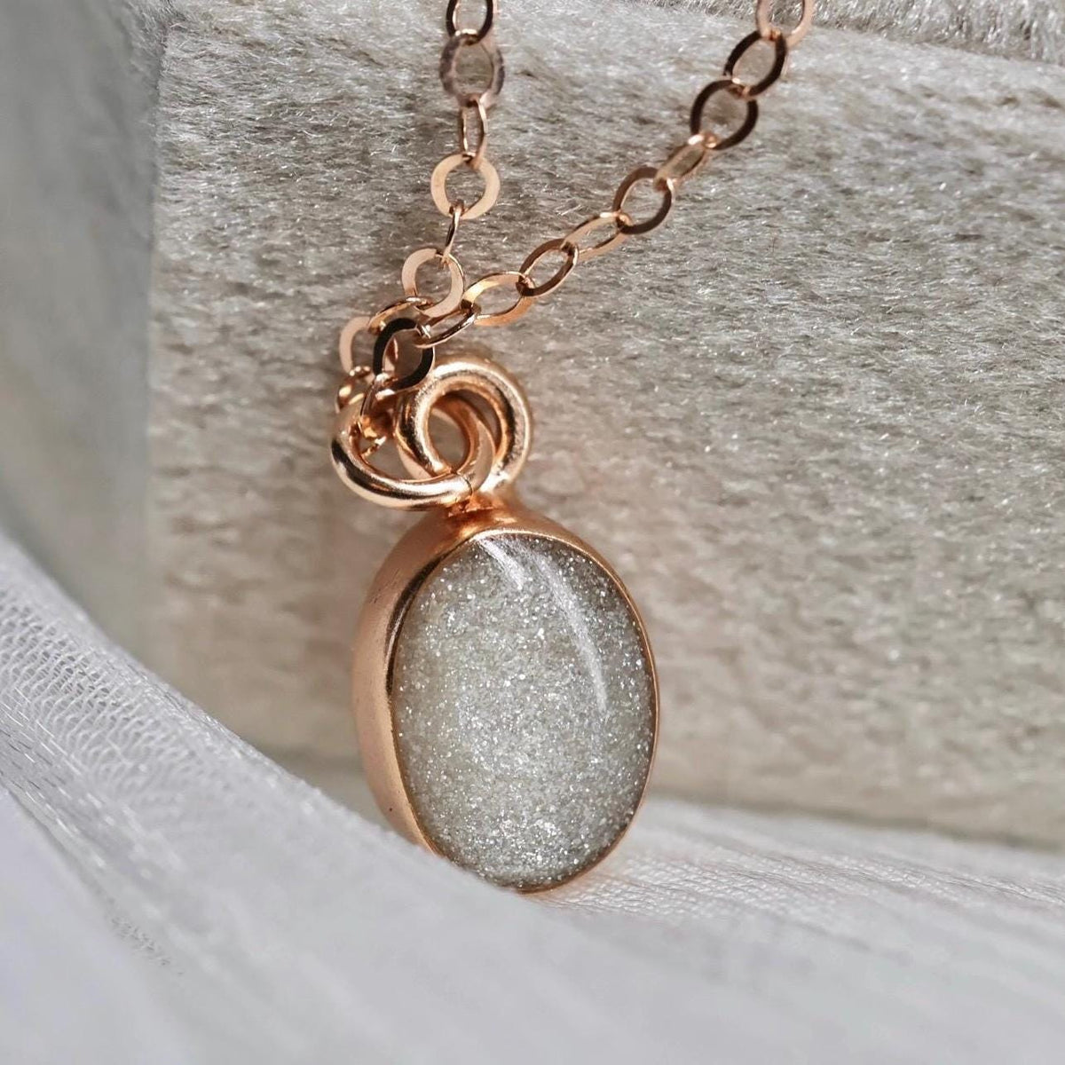 Dainty Cremation Necklace, White Oval Stone Ashes Jewelry