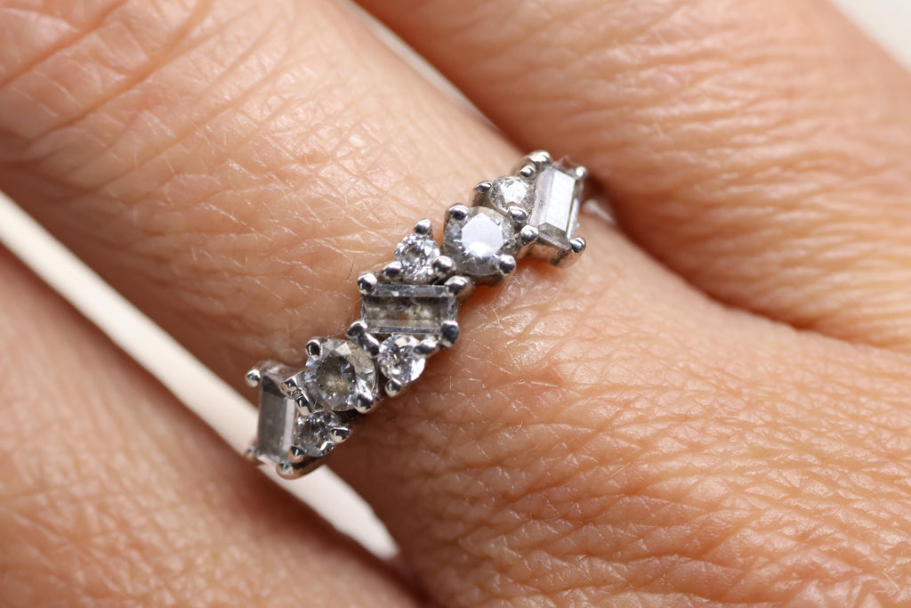 Baguette and Round Cremation Ring, Vintage Inspired Half CZ Eternity Band