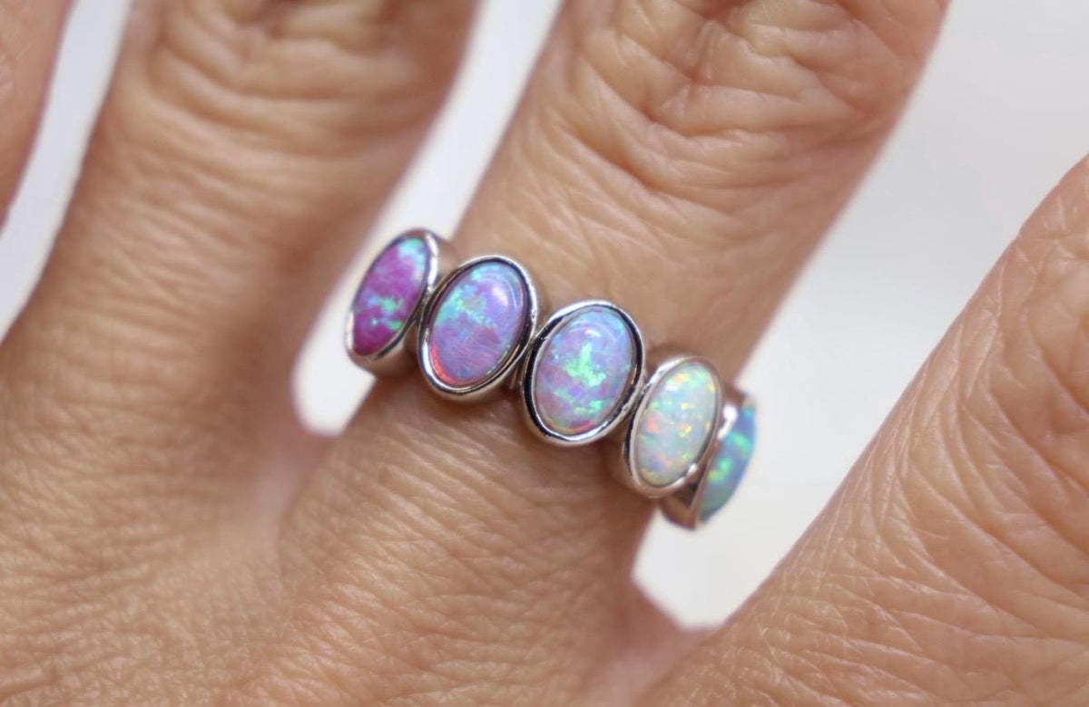 Ombré Opal Cremation Ring, Half Eternity Band Ashes Keepsake Ring