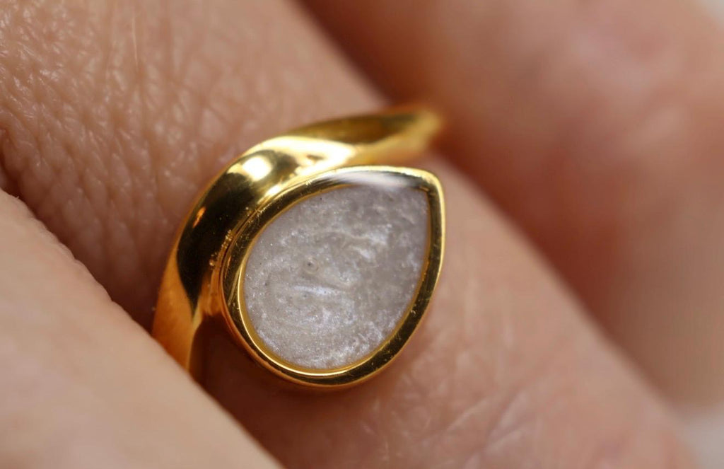 Cremation East West Pear Bezel Ring, Thick Curved Band Memorial Ring