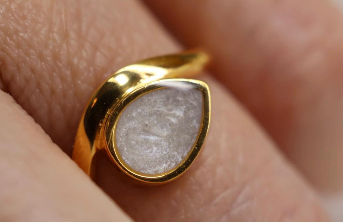Cremation East West Pear Bezel Ring, Thick Curved Band Memorial Ring