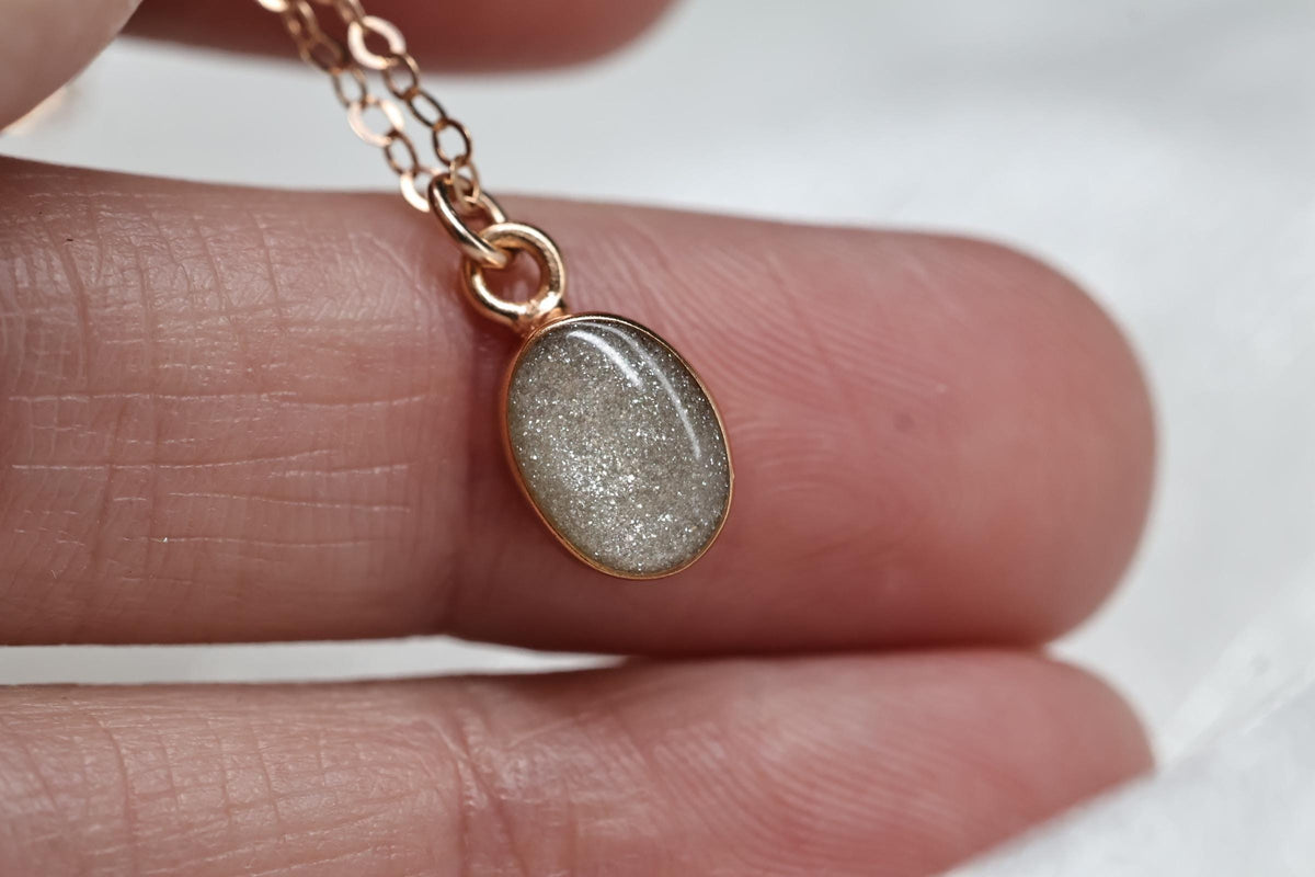 Dainty Cremation Necklace, White Oval Stone Ashes Jewelry