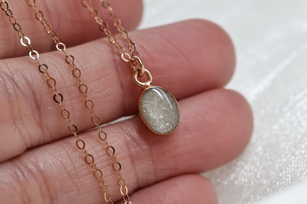 Dainty Cremation Necklace, White Oval Stone Ashes Jewelry