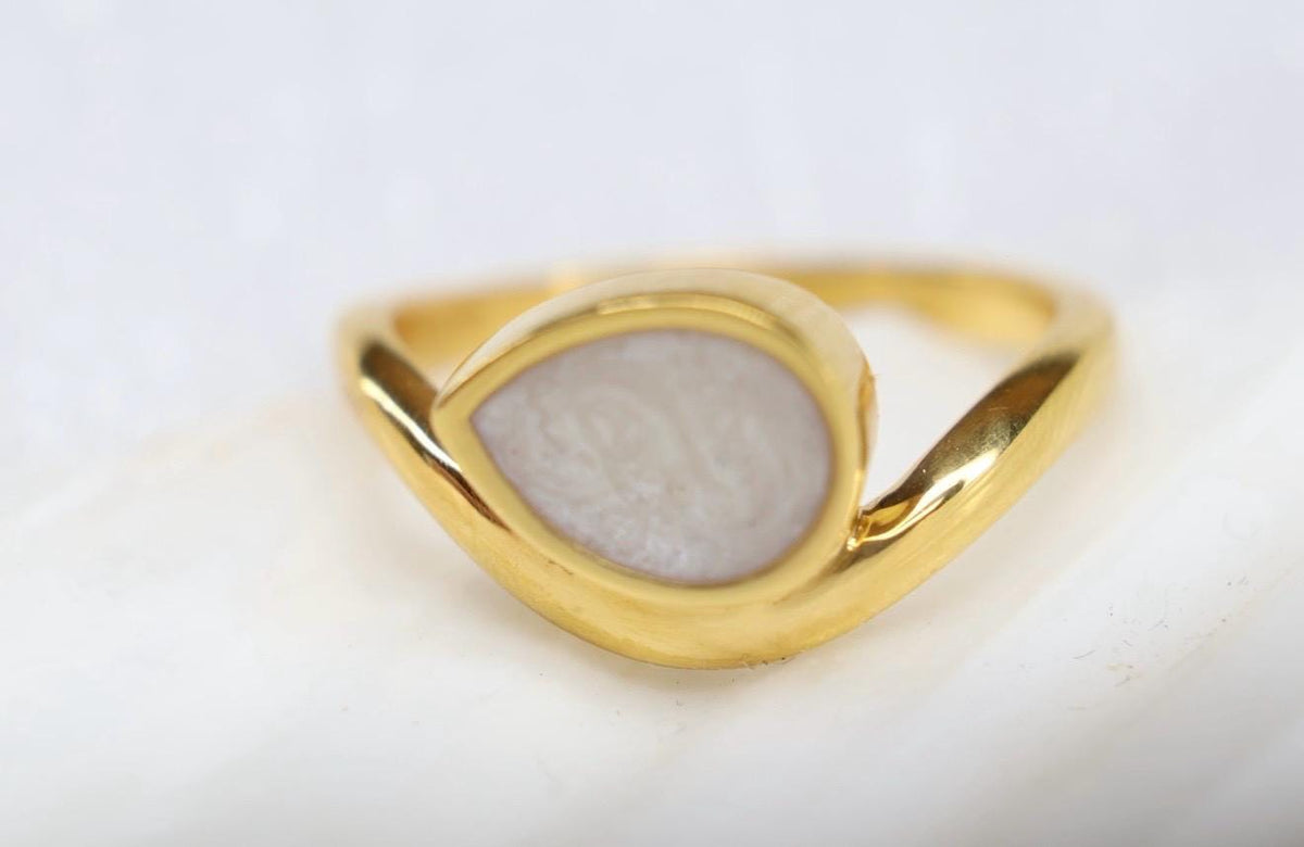 Cremation East West Pear Bezel Ring, Thick Curved Band Memorial Ring