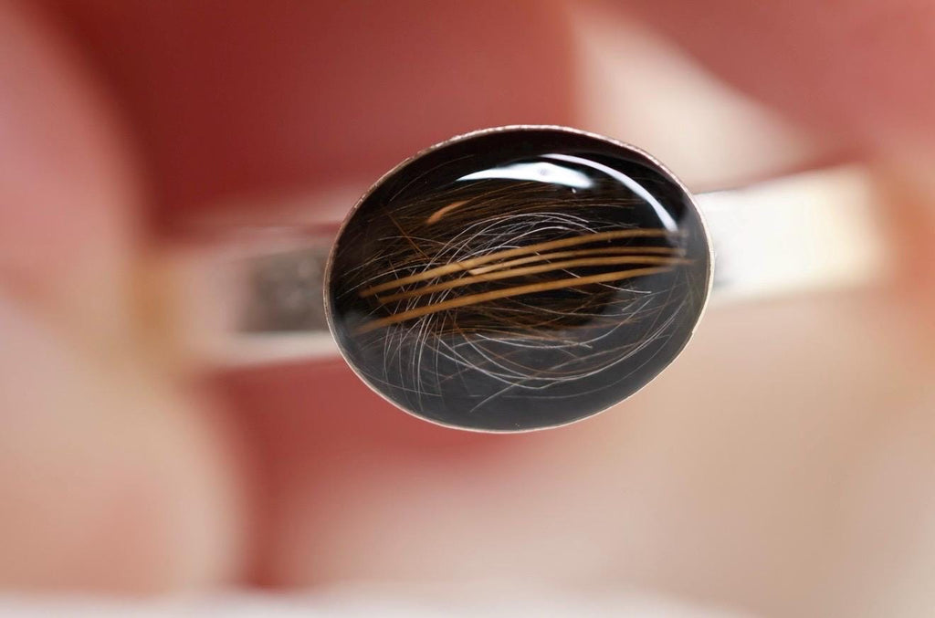 Pet Fur or Hair Sideways Oval Memorial Ring – East-West Ring- Wide Band Ring