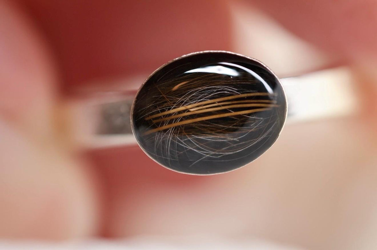 Pet Fur or Hair Sideways Oval Memorial Ring – East-West Ring- Wide Band Ring