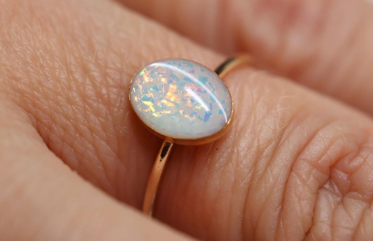 Opal Cremation Ring, White Opal Oval Ashes Ring