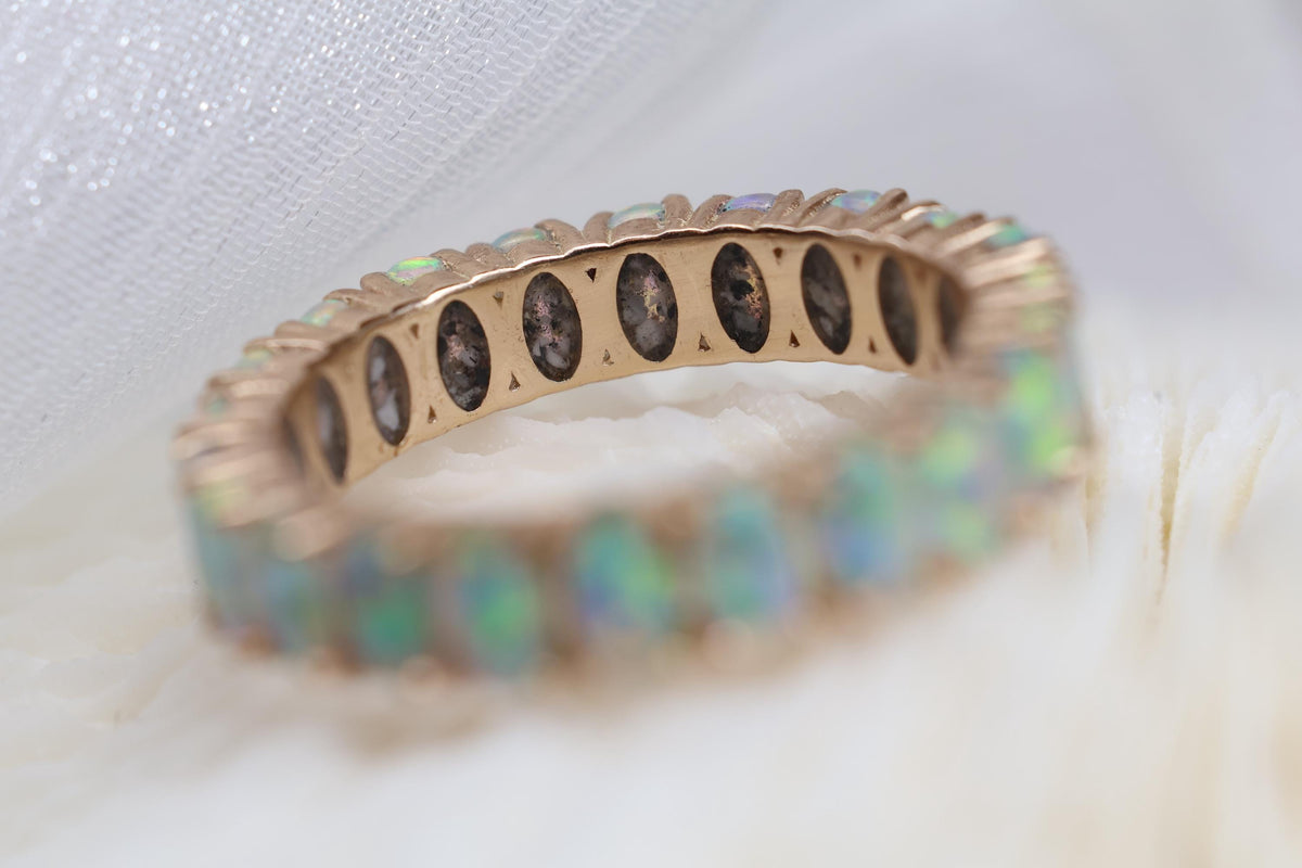 Cremation Ashes Opal Eternity Ring, Fire Opal Cremains Ring, Pet Ashes Ring