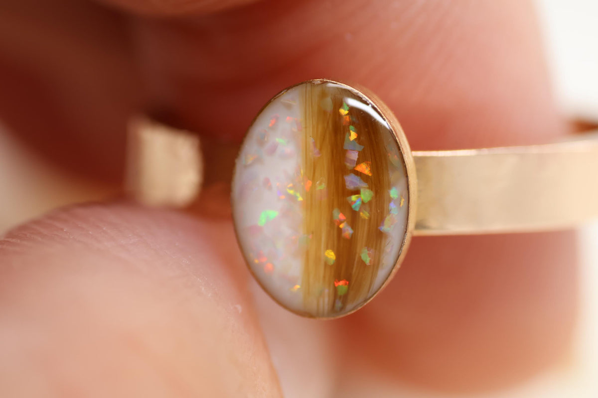 Breastmilk and Opal Wide Band Ring, Baby Hair Ring