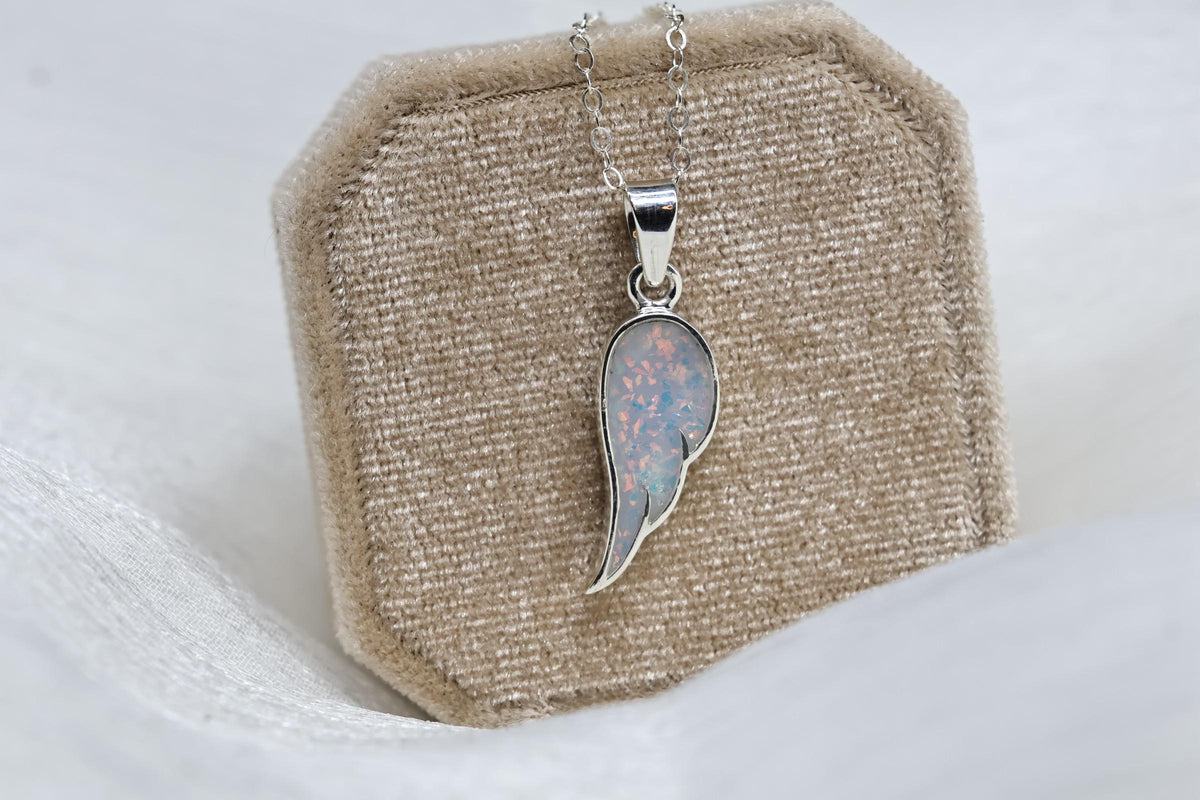 Opal Wing Cremation Necklace, Angel Wing Ashes Keepsake Necklace