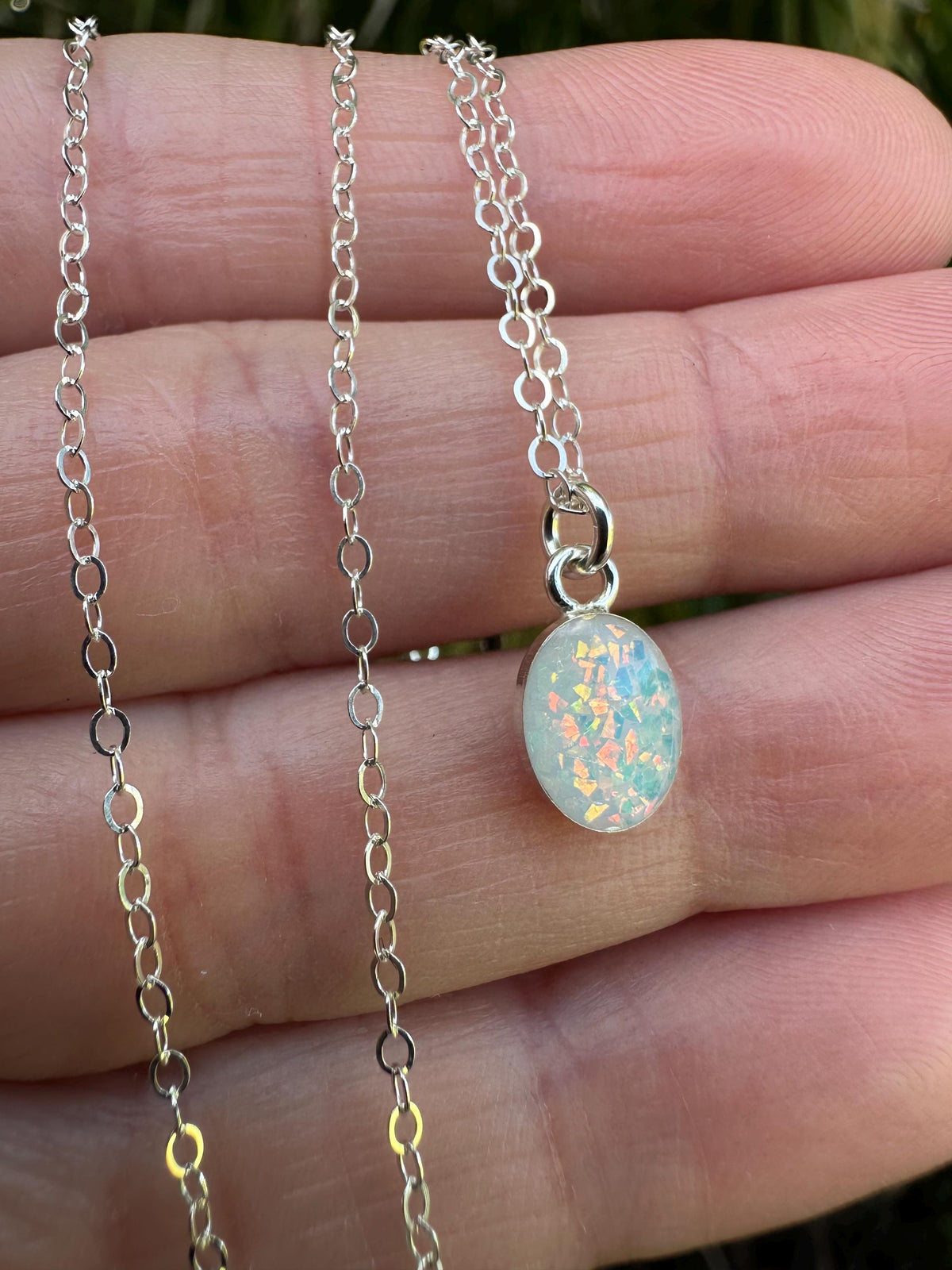 Small Oval Cremation Necklace – White Opal Memorial Stone