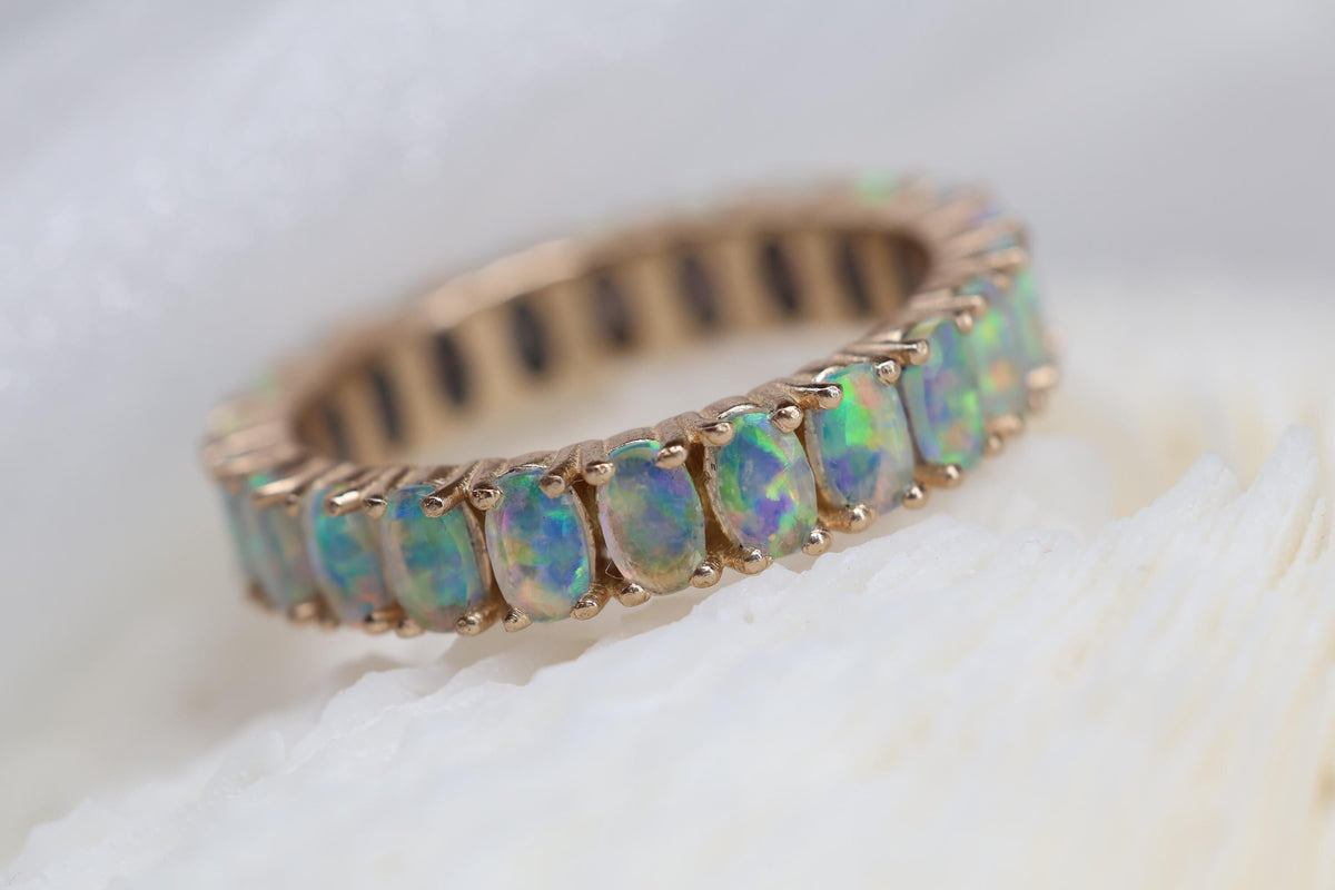 Cremation Ashes Opal Eternity Ring, Fire Opal Cremains Ring, Pet Ashes Ring