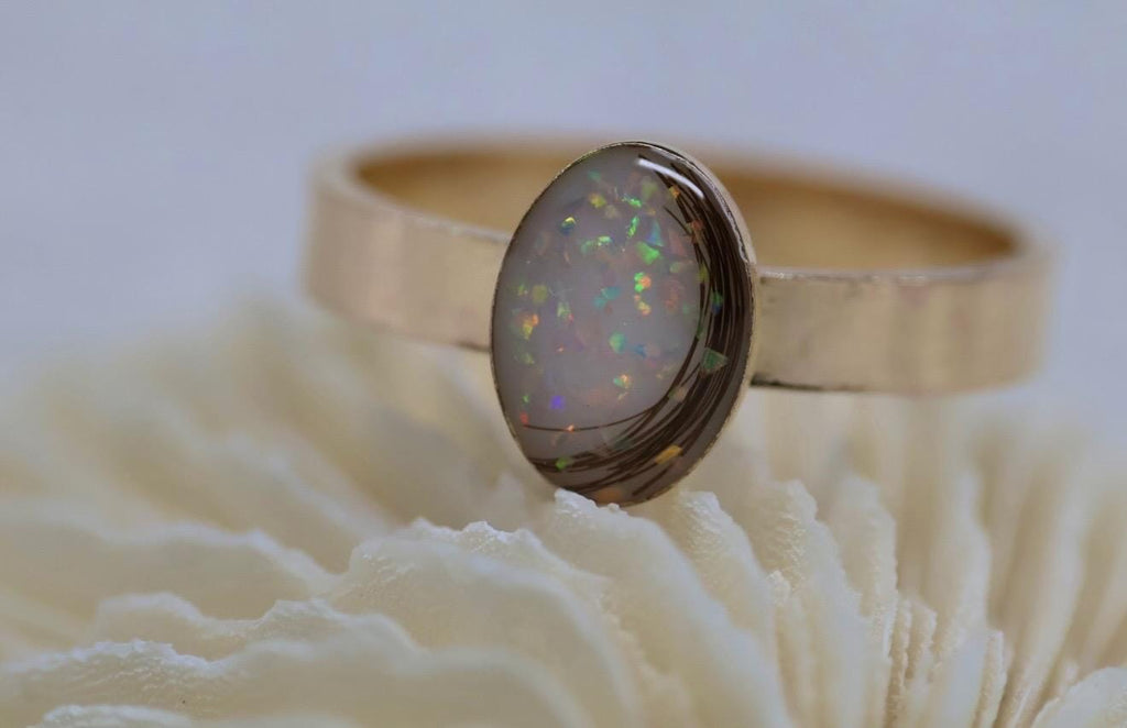 Breastmilk and Opal Wide Band Ring, Baby Hair Ring