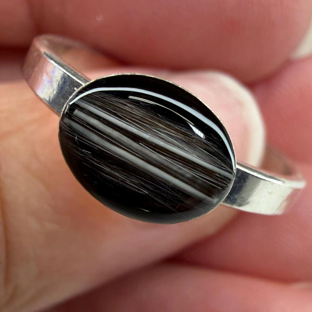 Pet Fur or Hair Sideways Oval Memorial Ring – East-West Ring- Wide Band Ring
