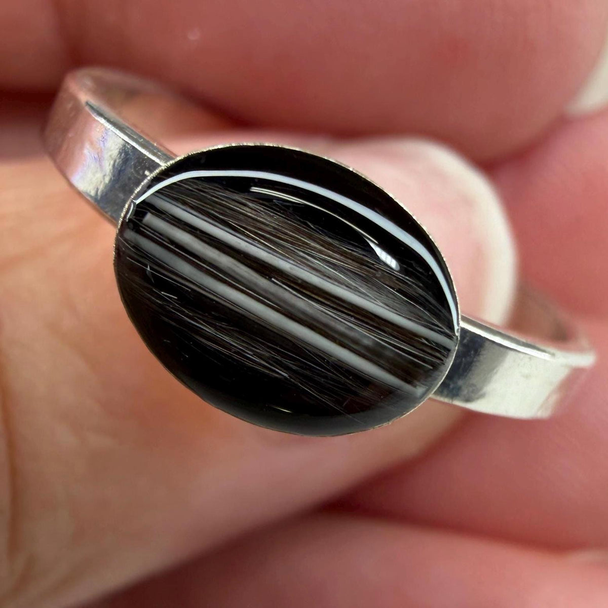 Pet Fur or Hair Sideways Oval Memorial Ring – East-West Ring- Wide Band Ring