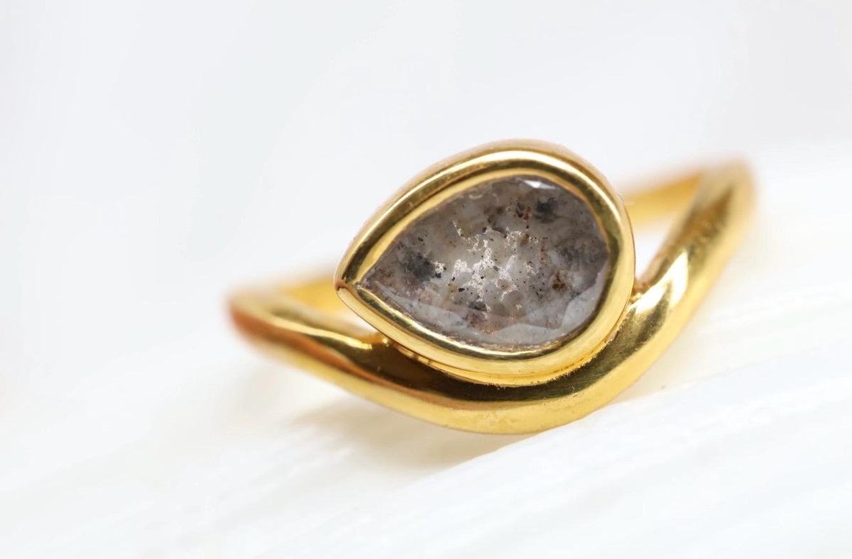 Cremation East West Pear Bezel Ring, Thick Curved Band Memorial Ring