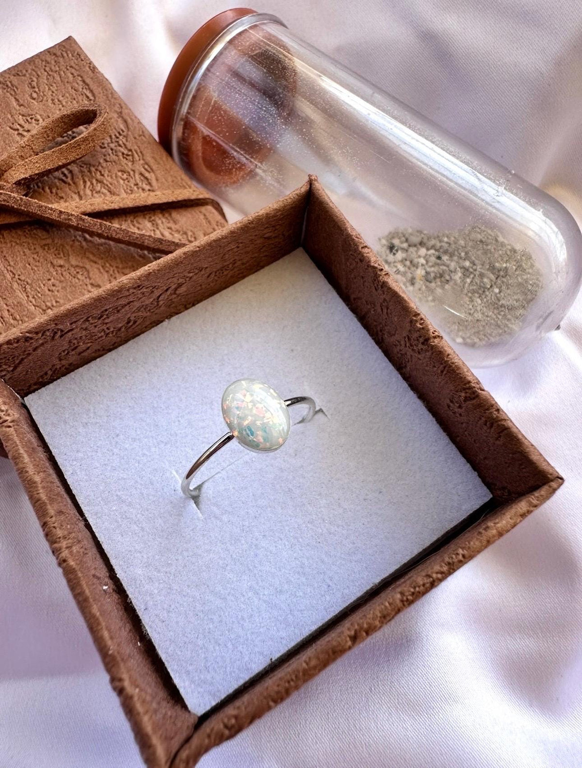 Opal Cremation Ring, White Opal Oval Ashes Ring