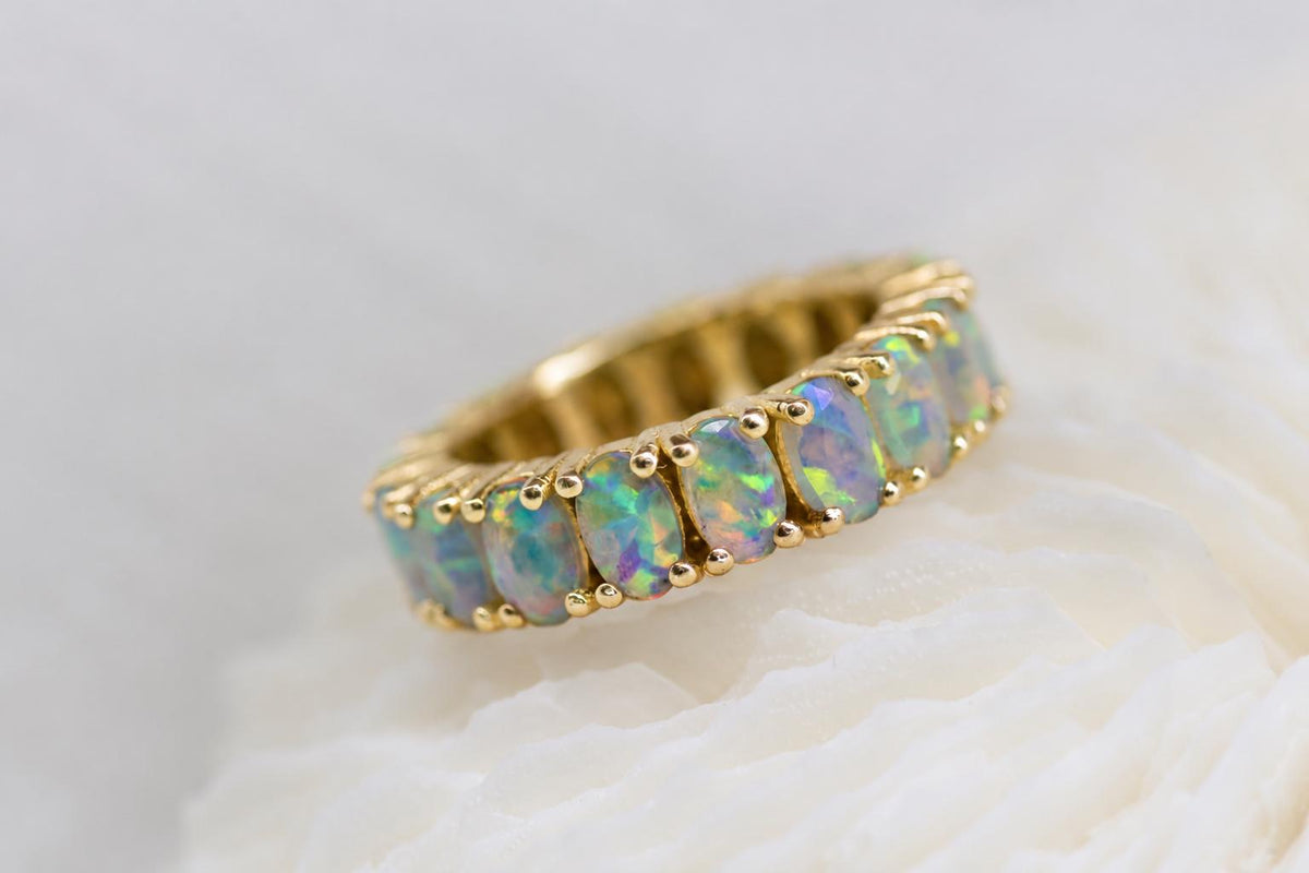 Cremation Ashes Opal Eternity Ring, Fire Opal Cremains Ring, Pet Ashes Ring