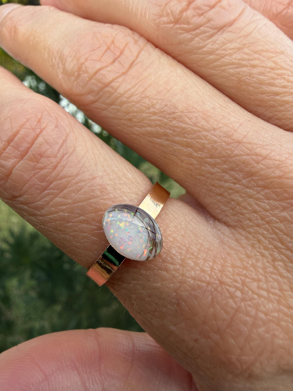 Breastmilk and Opal Wide Band Ring, Baby Hair Ring