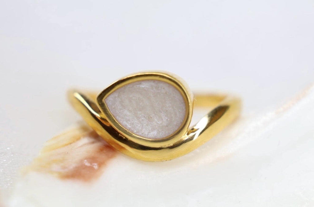 Cremation East West Pear Bezel Ring, Thick Curved Band Memorial Ring