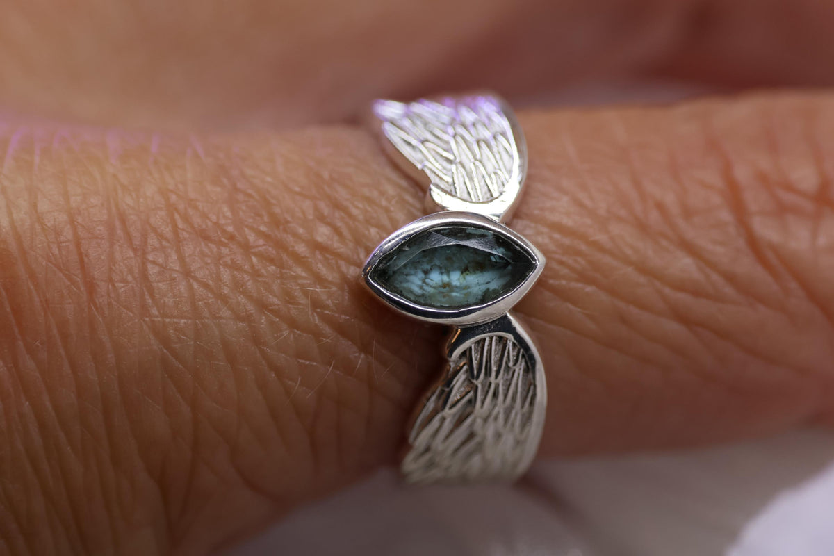 Cremation Ashes Ring, Angel Wing Blue Topaz Ring