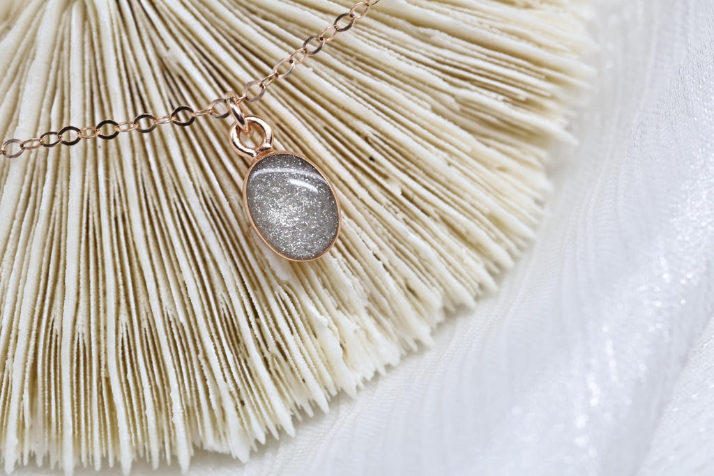 Dainty Cremation Necklace, White Oval Stone Ashes Jewelry