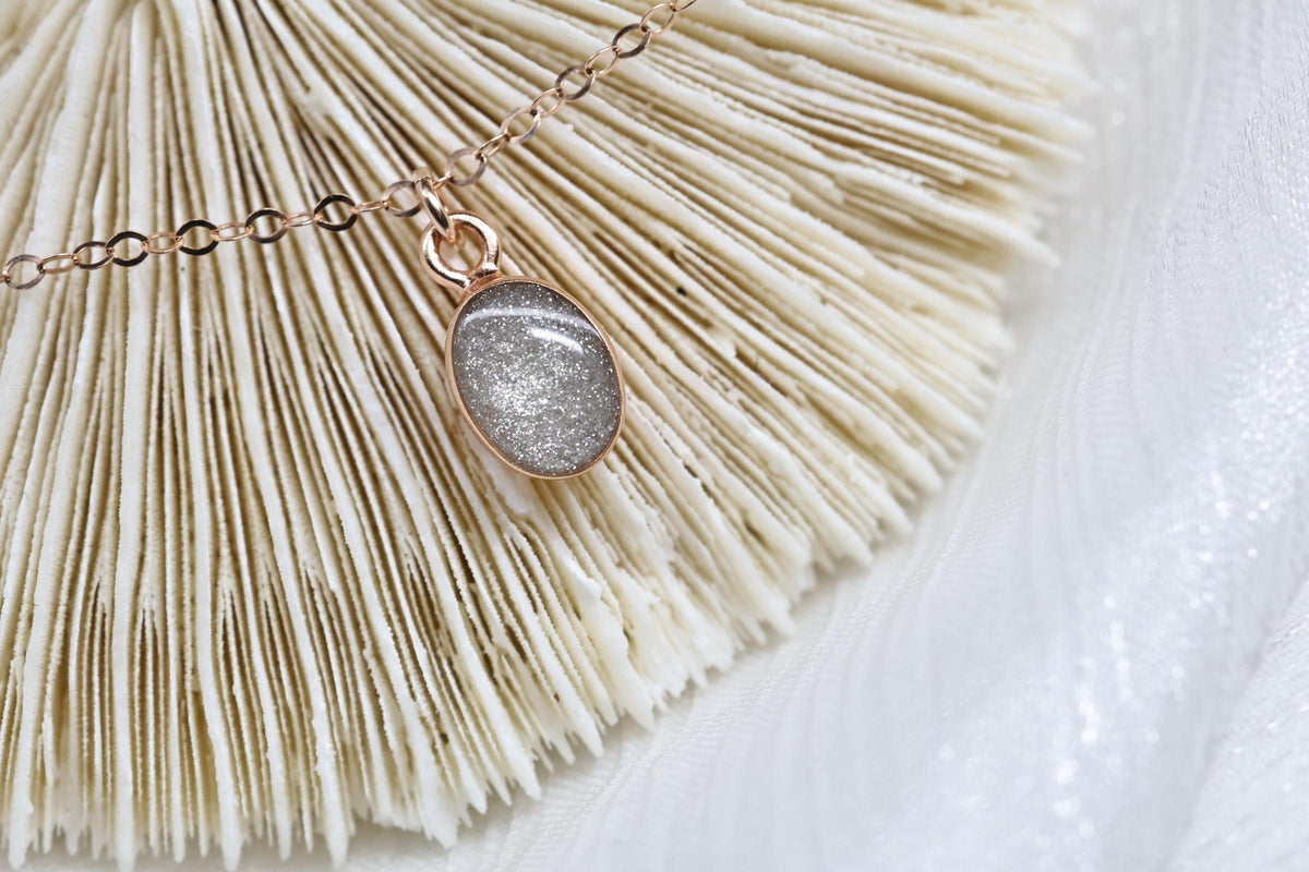Dainty Cremation Necklace, White Oval Stone Ashes Jewelry