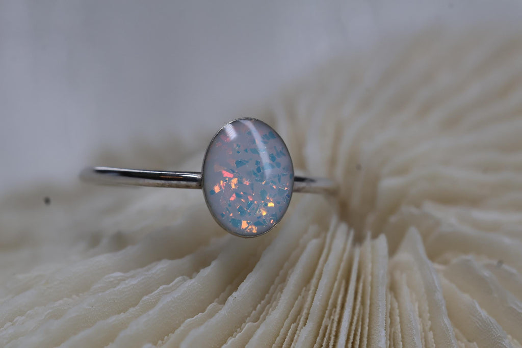 Opal Cremation Ring, White Opal Oval Ashes Ring