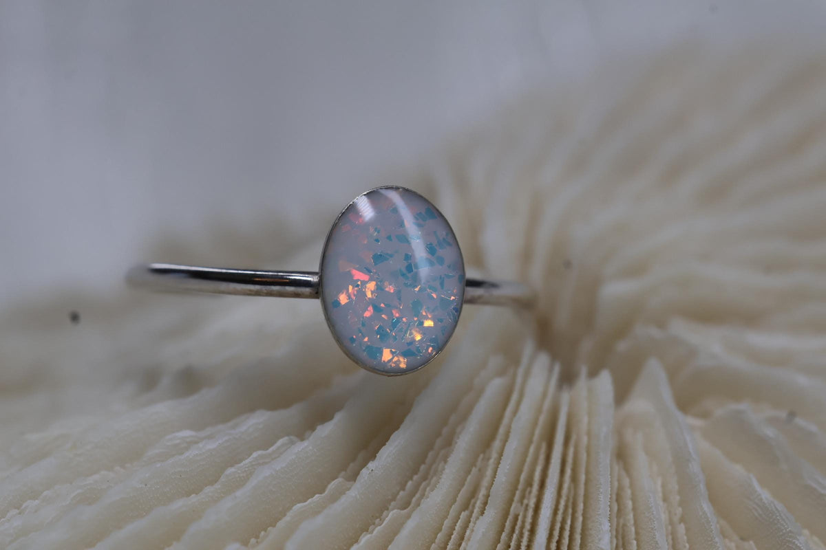 Opal Cremation Ring, White Opal Oval Ashes Ring