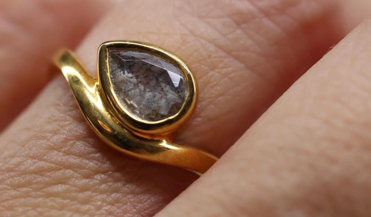Cremation East West Pear Bezel Ring, Thick Curved Band Memorial Ring