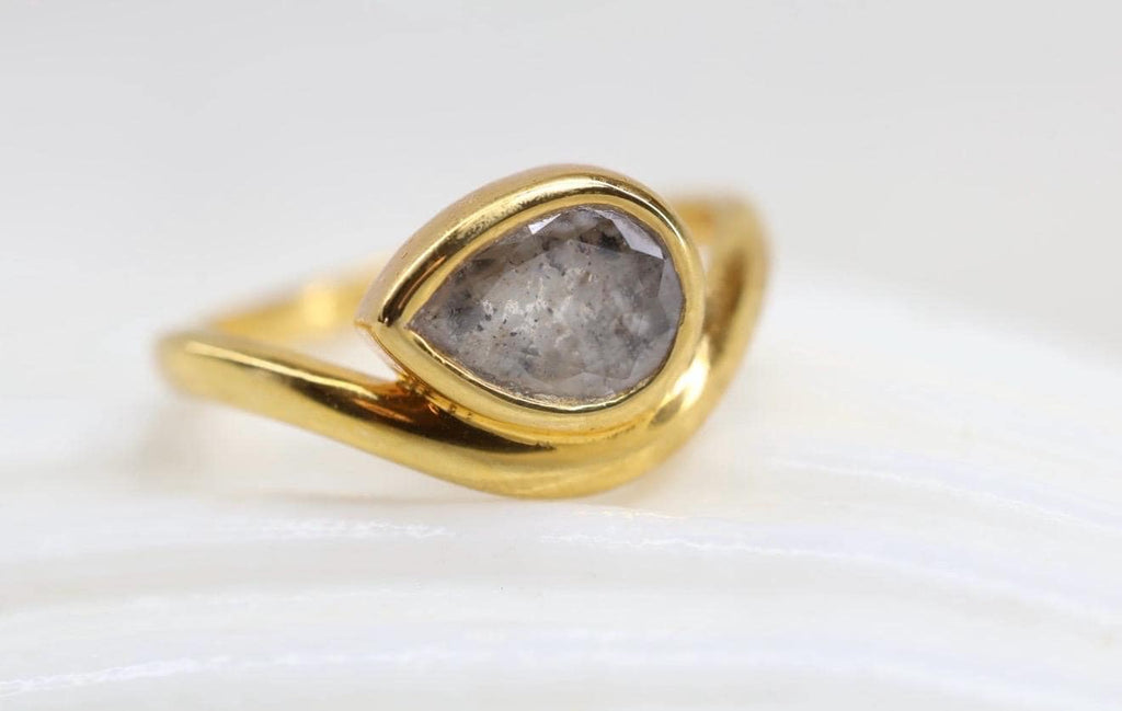 Cremation East West Pear Bezel Ring, Thick Curved Band Memorial Ring