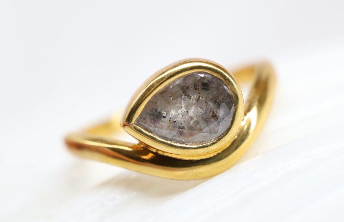 Cremation East West Pear Bezel Ring, Thick Curved Band Memorial Ring