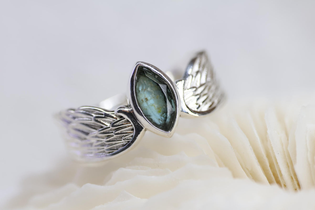 Cremation Ashes Ring, Angel Wing Blue Topaz Ring