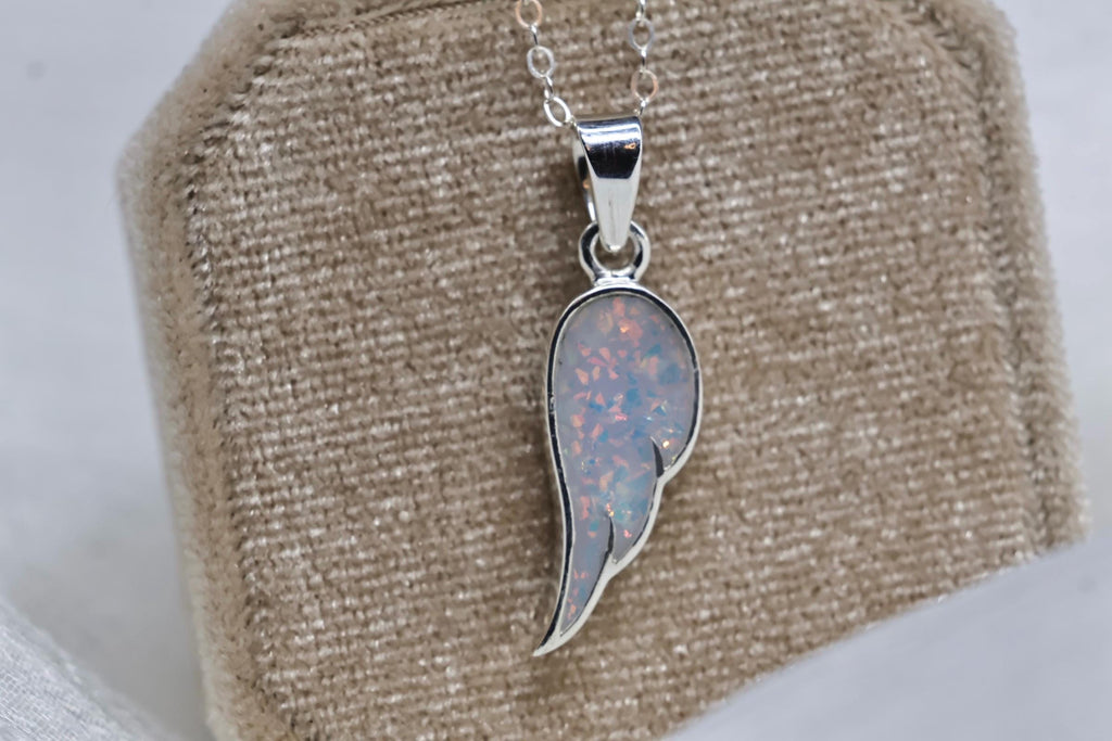 Opal Wing Cremation Necklace, Angel Wing Ashes Keepsake Necklace