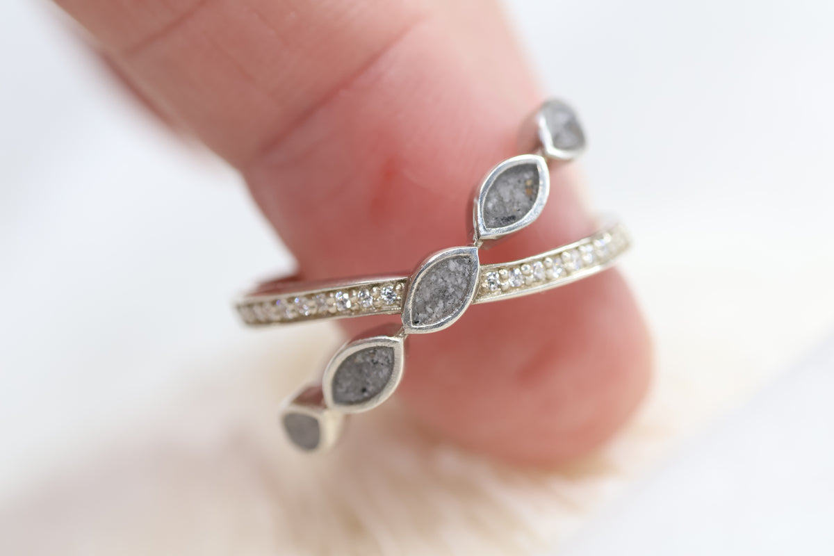 Criss Cross Cremation Ring, Ashes Marquise Ring