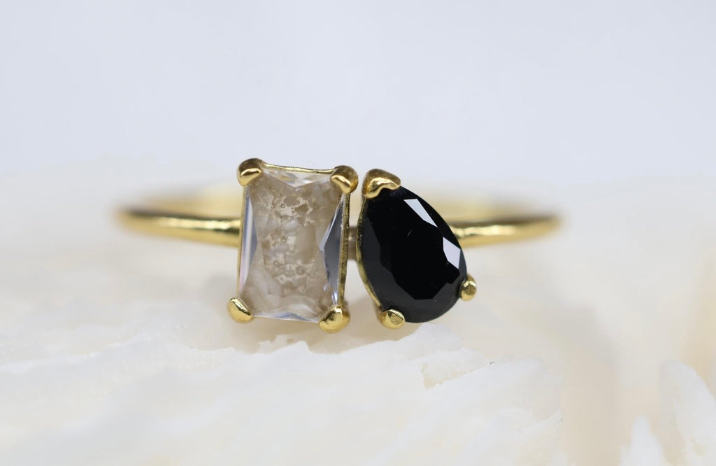 Toi et Moi Cremation Ashes Birthstone Ring, Emerald and Pear Cut Stones