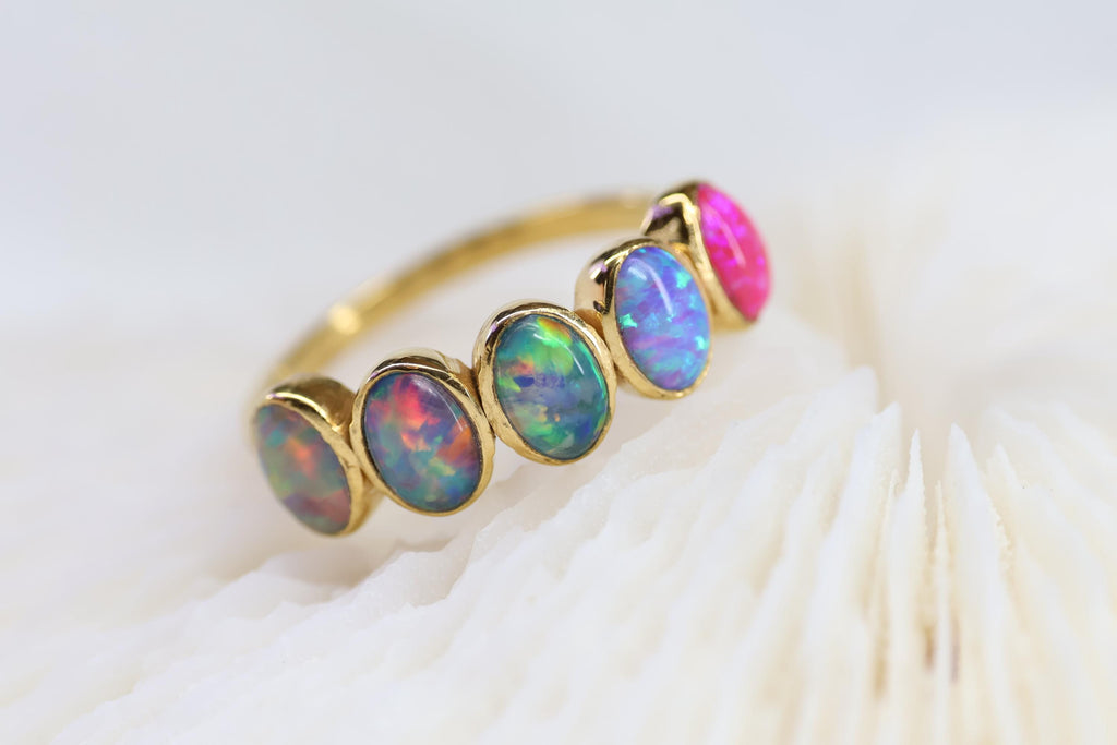 Ombré Opal Cremation Ring, Half Eternity Band Ashes Keepsake Ring