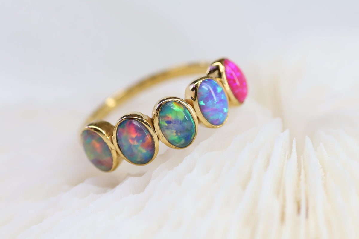 Ombré Opal Cremation Ring, Half Eternity Band Ashes Keepsake Ring