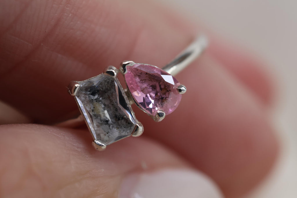 Toi et Moi Cremation Ashes Birthstone Ring, Emerald and Pear Cut Stones
