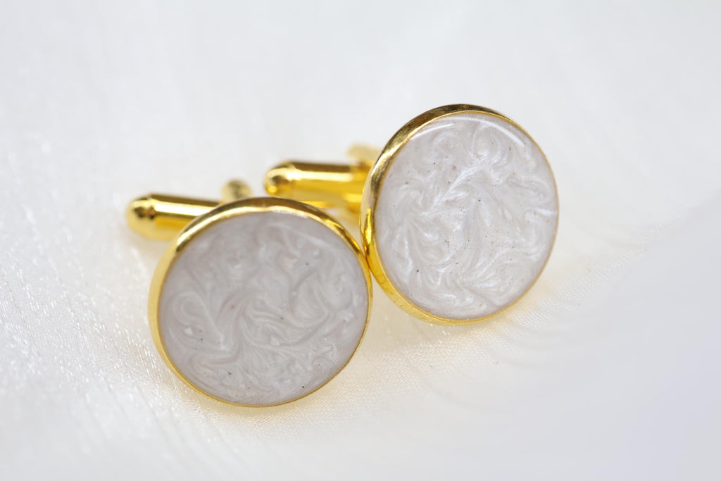 Cremation Cufflinks, Pearl White Round Memorial Jewelry with Pearl Effect Ashes