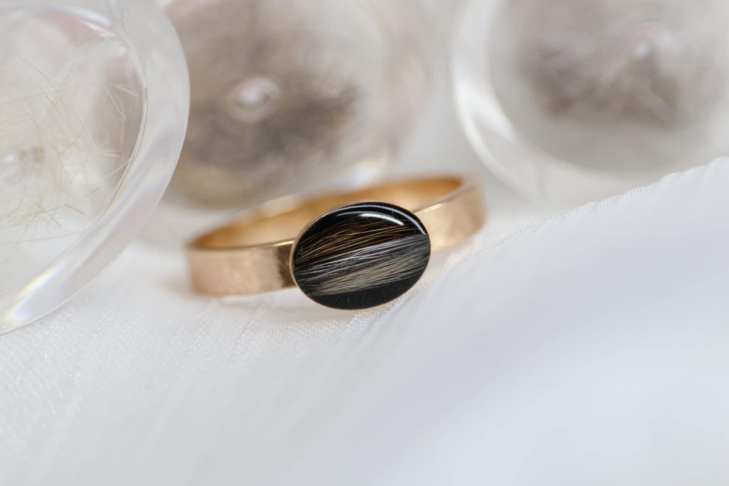 Pet Fur or Hair Sideways Oval Memorial Ring – East-West Ring- Wide Band Ring