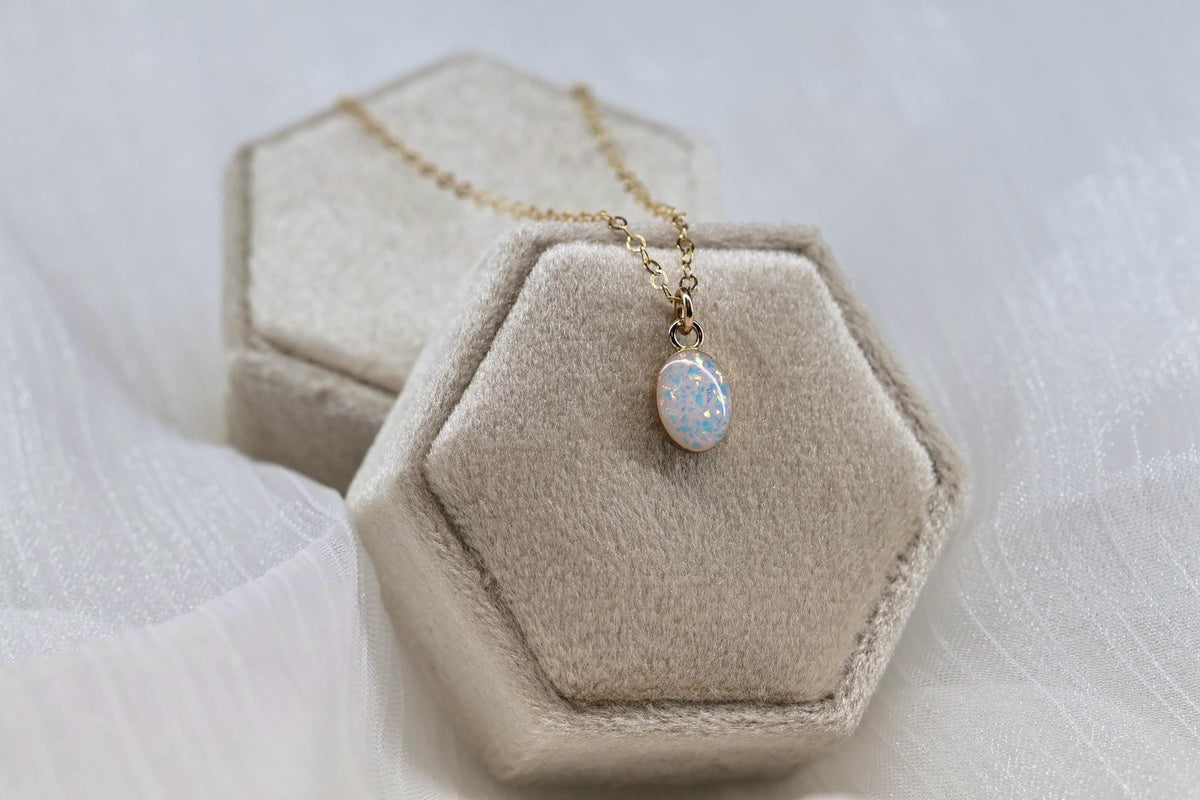 Small Oval Cremation Necklace – White Opal Memorial Stone