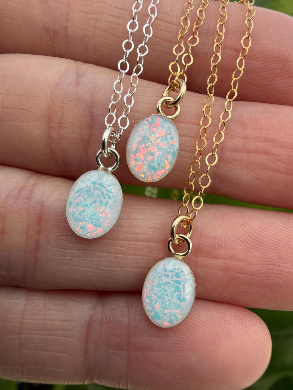 Small Oval Cremation Necklace – White Opal Memorial Stone