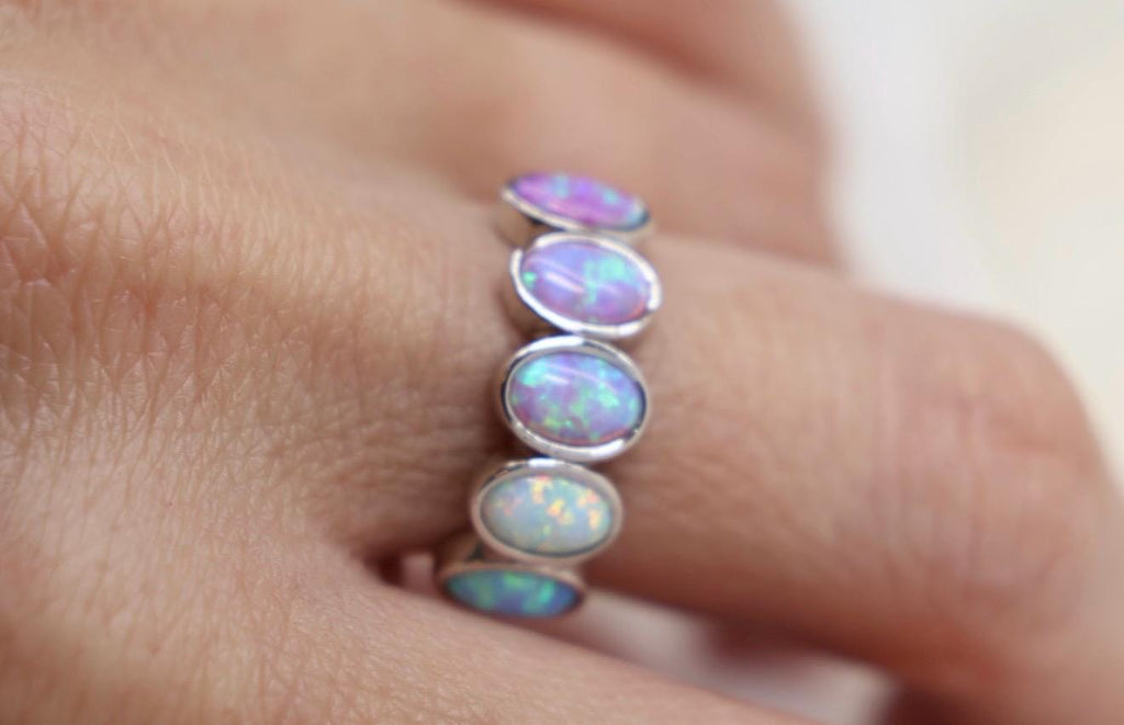 Ombré Opal Cremation Ring, Half Eternity Band Ashes Keepsake Ring