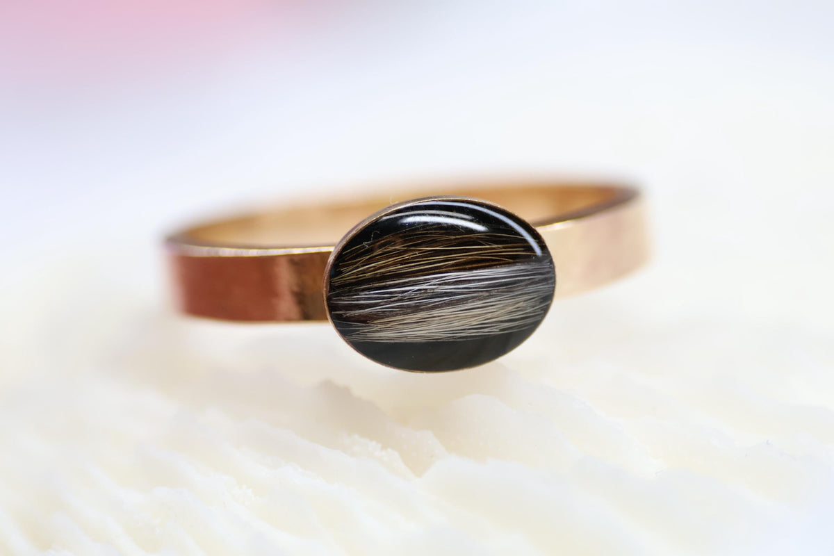 Pet Fur or Hair Sideways Oval Memorial Ring – East-West Ring- Wide Band Ring