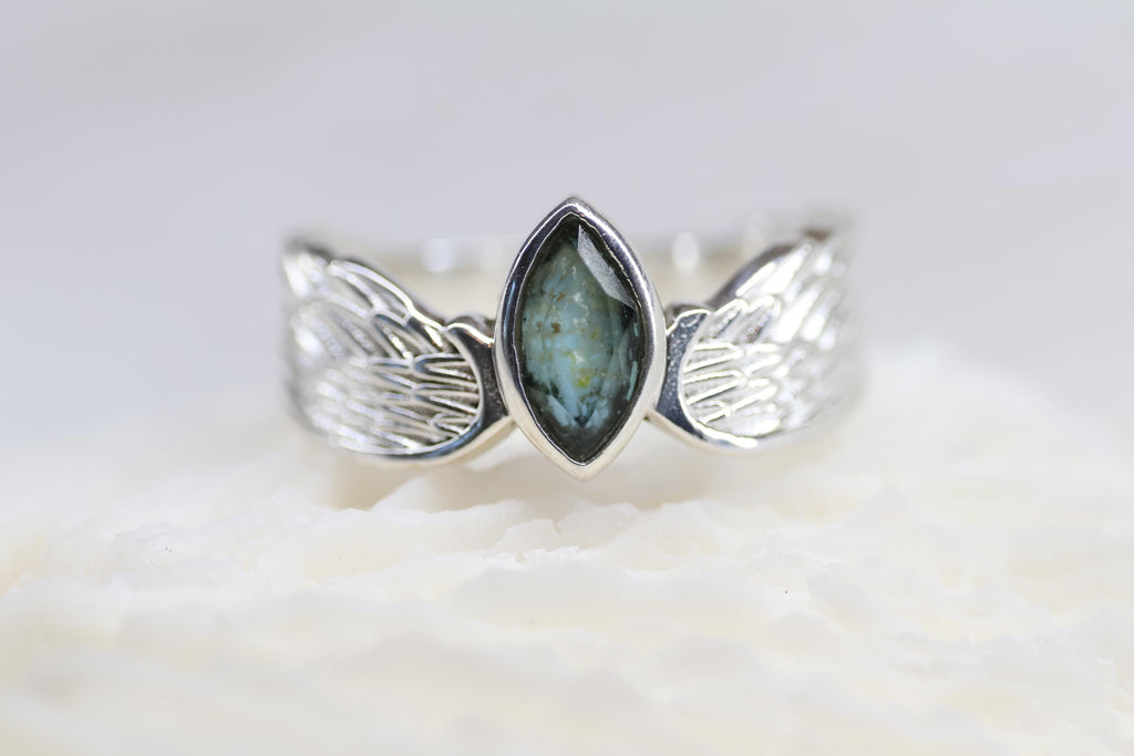 Cremation Ashes Ring, Angel Wing Blue Topaz Ring
